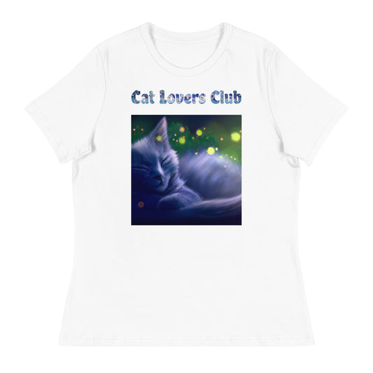 Women's White T-Shirt with Cat Sleeping with a text "Cat Lovers Club" at $25.97 found at Personalizedpetlovergifts