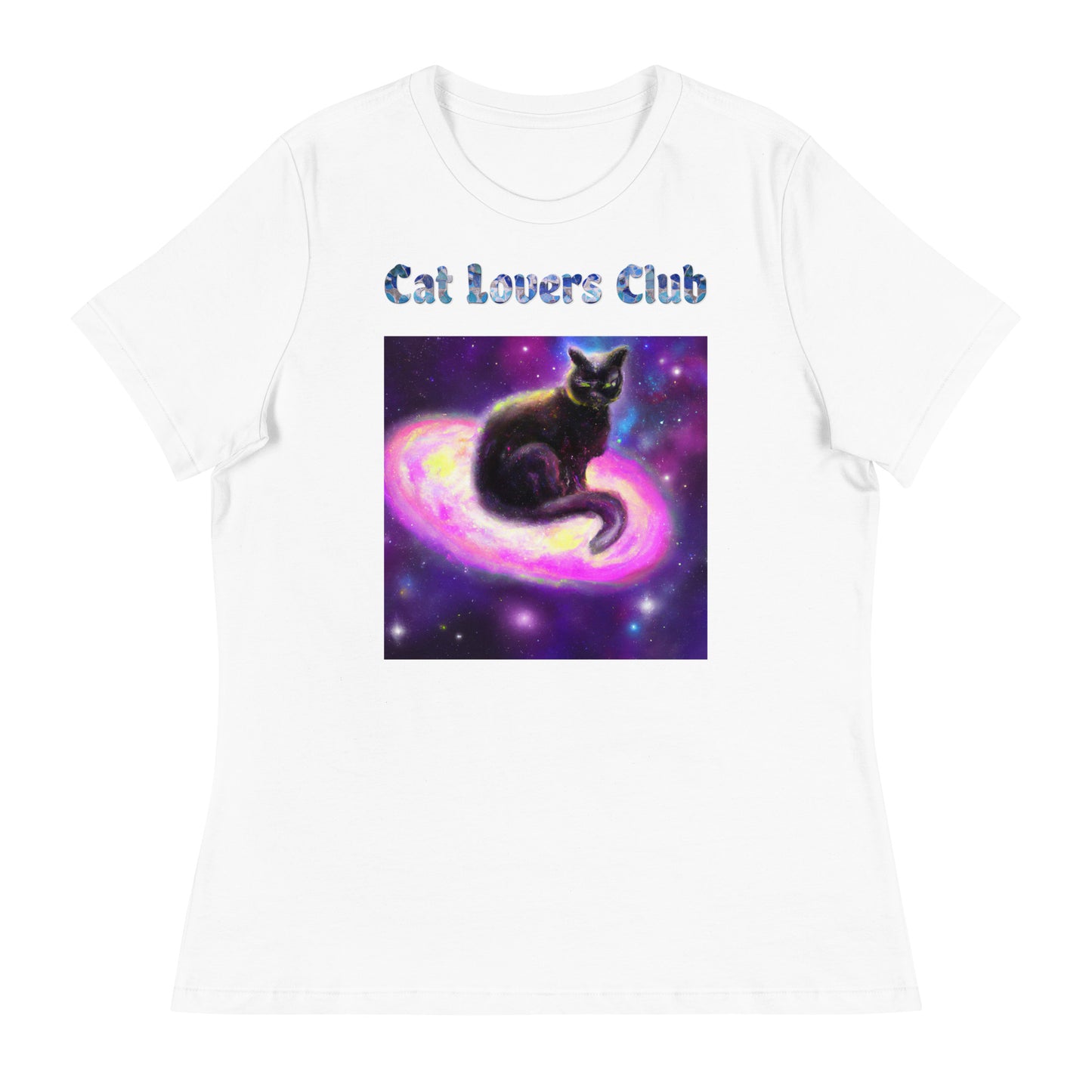 Women's White T-Shirt with Cat Sitting On A Galaxy with a text "Cat Lovers Club" at $25.97 found at Personalizedpetlovergifts