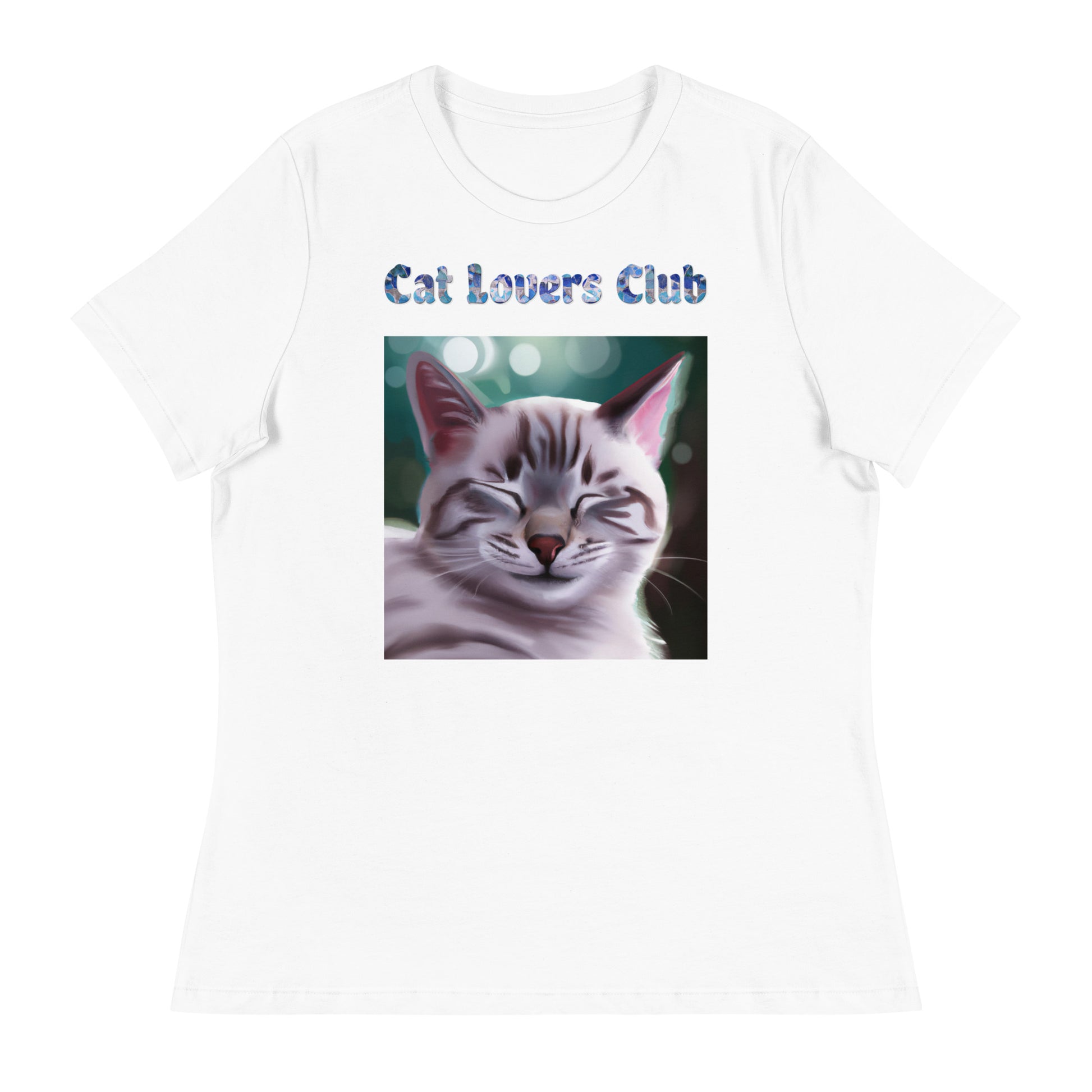 Women's White T-Shirt with Cat Purring with a text "Cat Lovers Club" at $25.97 found at Personalizedpetlovergifts