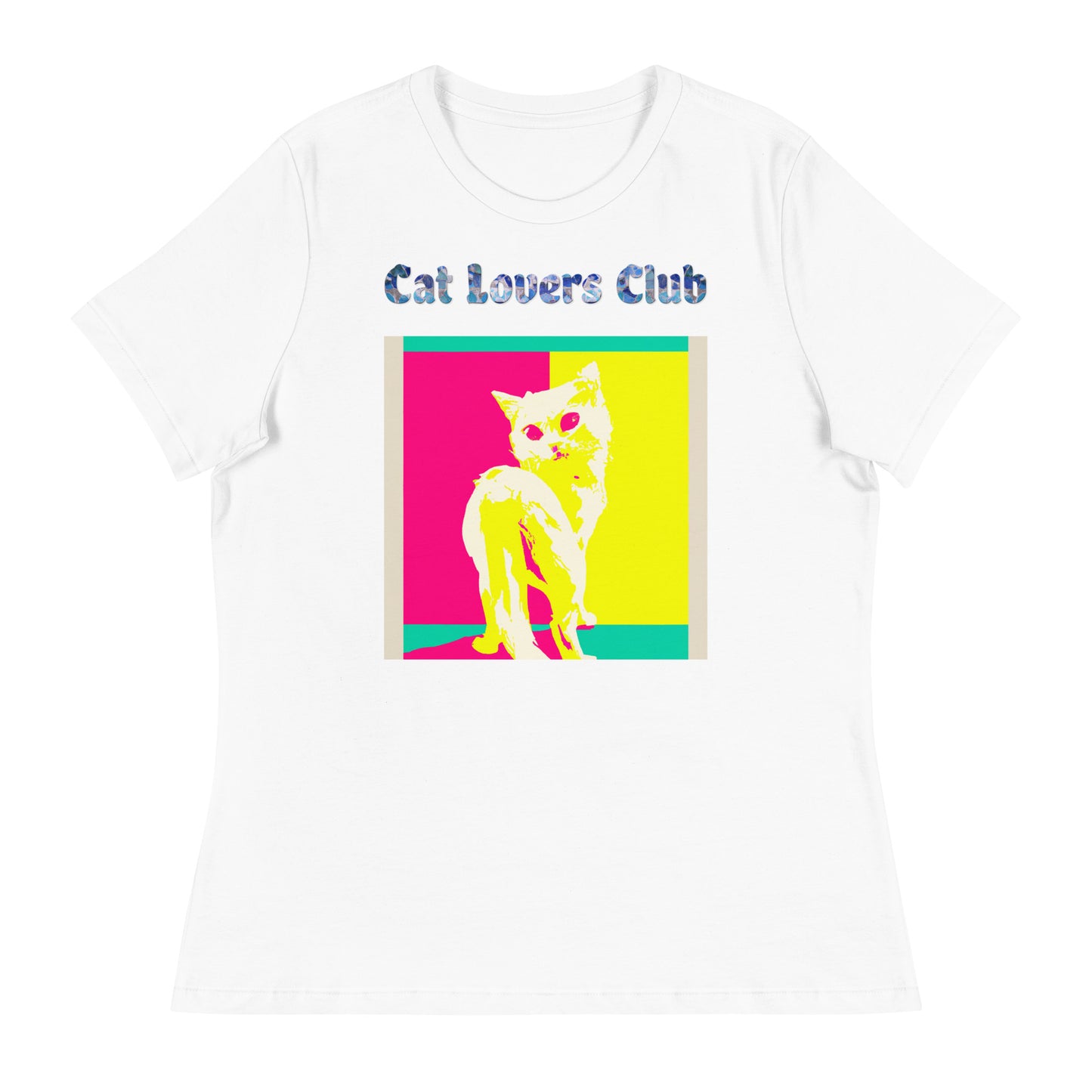 Women's White T-Shirt with Cat Poster Art with a text "Cat Lovers Club" at $25.97 found at Personalizedpetlovergifts