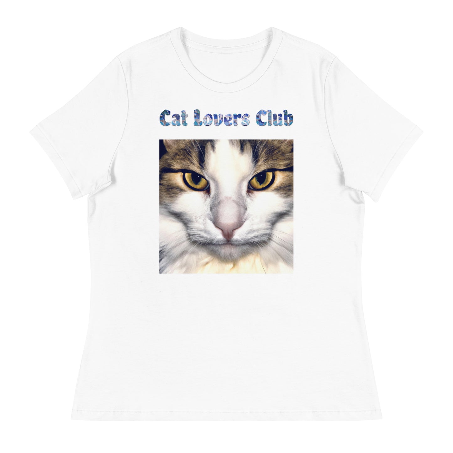 Women's White T-Shirt with Cat Portrait with a text "Cat Lovers Club" at $25.97 found at Personalizedpetlovergifts