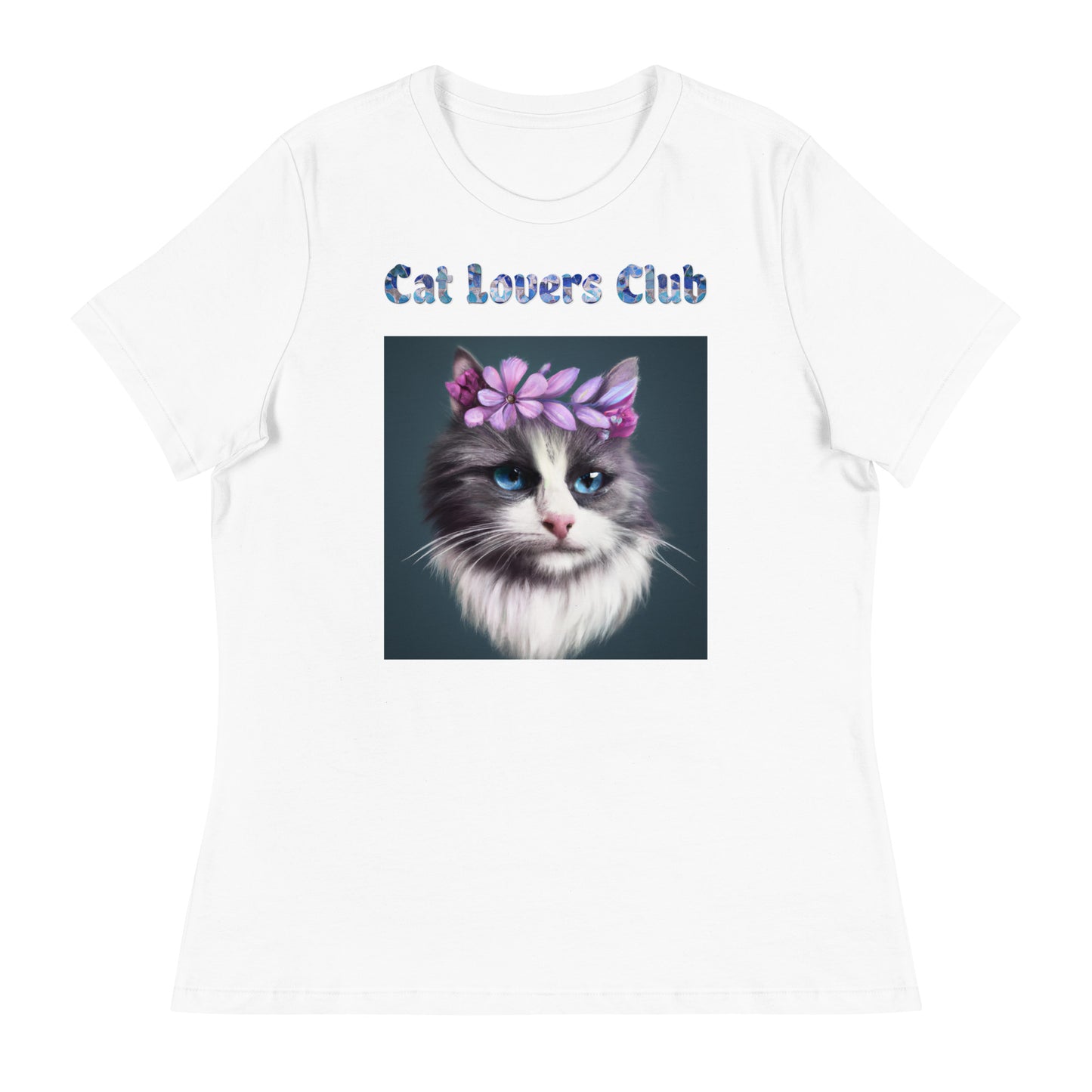 Women's White T-Shirt with Cat Portrait With Purple Flowers with a text "Cat Lovers Club" at $25.97 found at Personalizedpetlovergifts