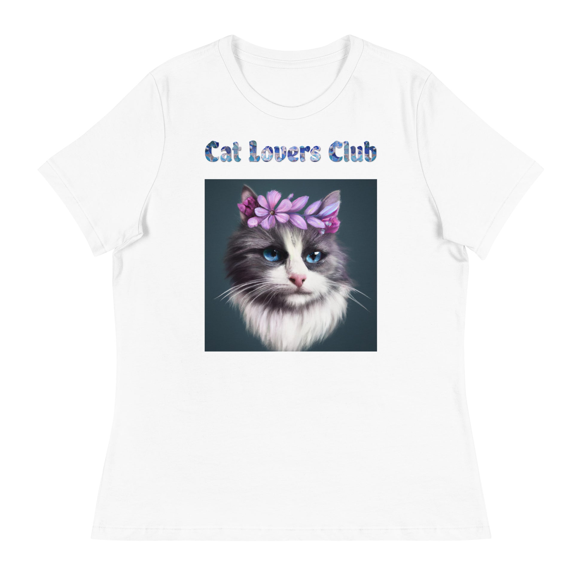 Women's White T-Shirt with Cat Portrait With Purple Flowers with a text "Cat Lovers Club" at $25.97 found at Personalizedpetlovergifts