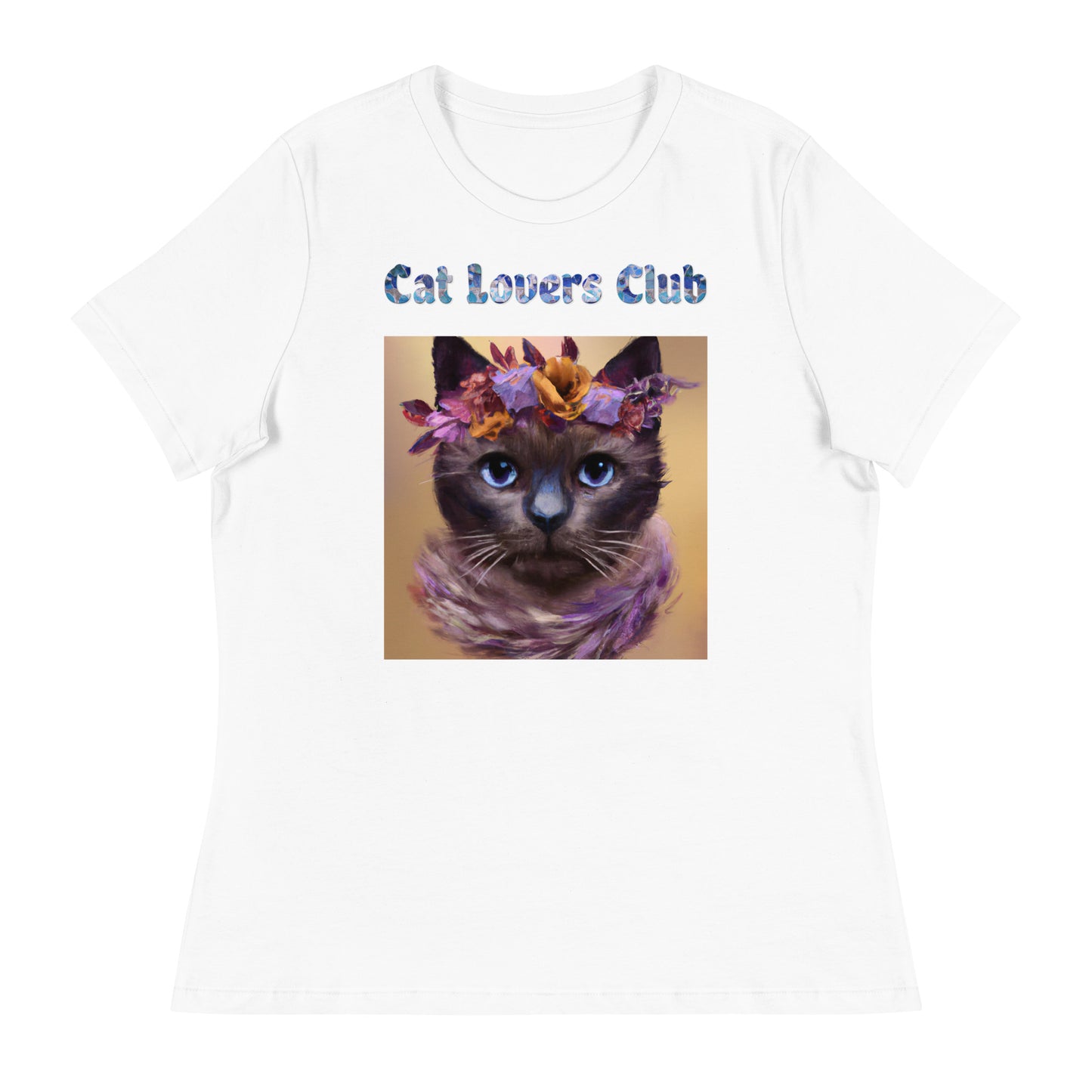 Women's White T-Shirt with Cat Portrait With Flowers And Blue Eyes with a text "Cat Lovers Club" at $25.97 found at Personalizedpetlovergifts