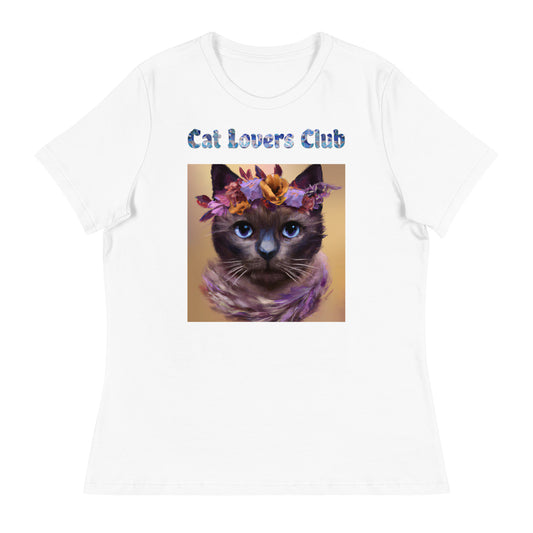 Women's White T-Shirt with Cat Portrait With Flowers And Blue Eyes with a text "Cat Lovers Club" at $25.97 found at Personalizedpetlovergifts