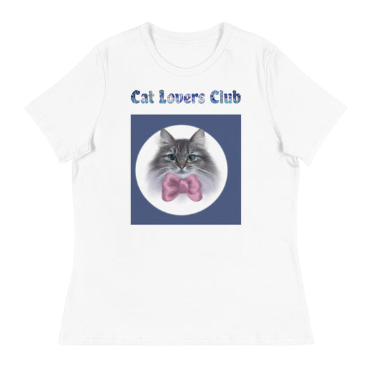 Women's White T-Shirt with Cat Portrait With a Pink Bow with a text "Cat Lovers Club" at $25.97 found at Personalizedpetlovergifts