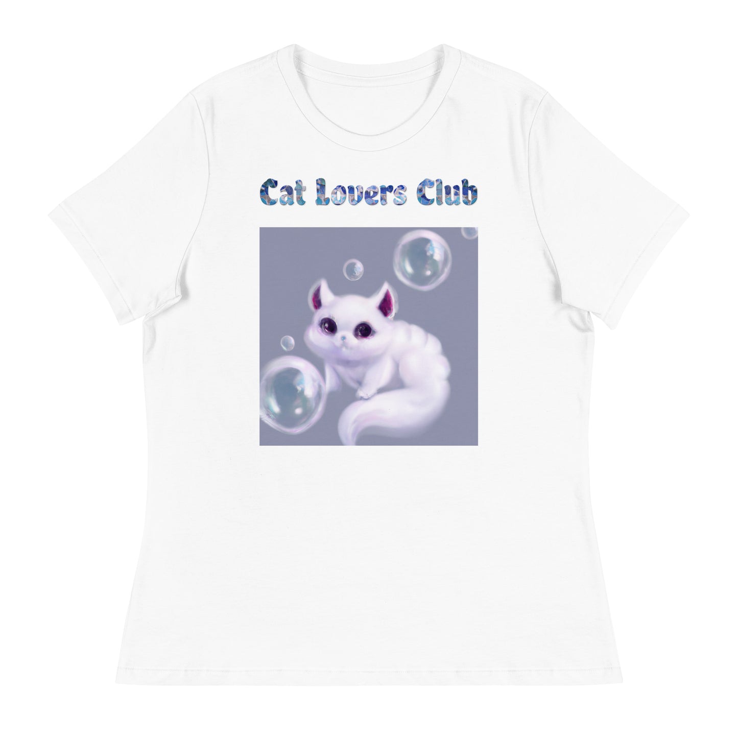 Women's White T-Shirt with Cat Playing With Soap Bubbles with a text "Cat Lovers Club" at $25.97 found at Personalizedpetlovergifts