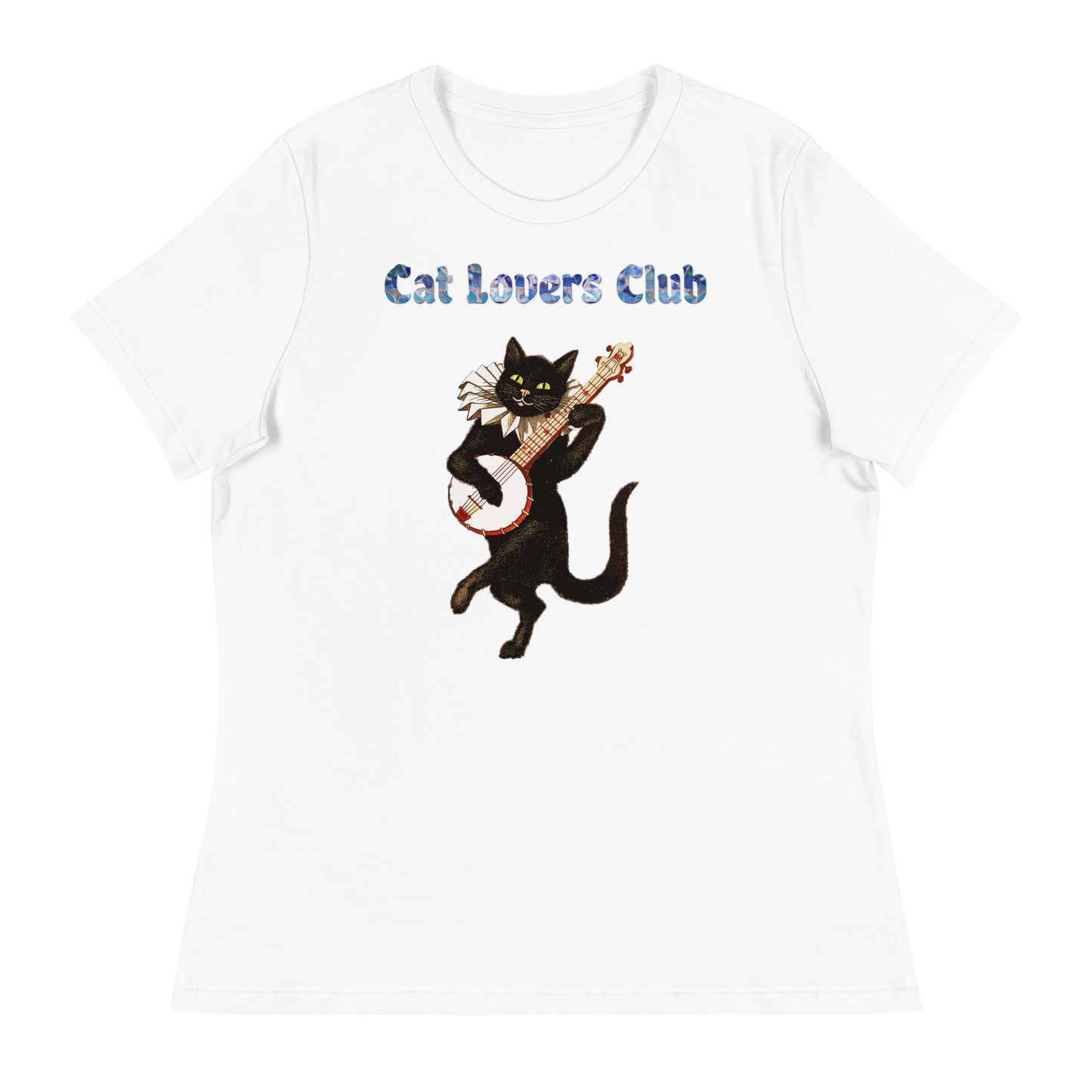 Women's White T-Shirt with Cat Playing a Banjo with a text "Cat Lovers Club" at $25.97 found at Personalizedpetlovergifts