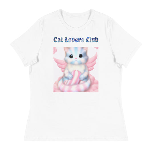 Women's White T-Shirt with Cat On Fluffy Cloud With Wings with a text "Cat Lovers Club" at $25.97 found at Personalizedpetlovergifts