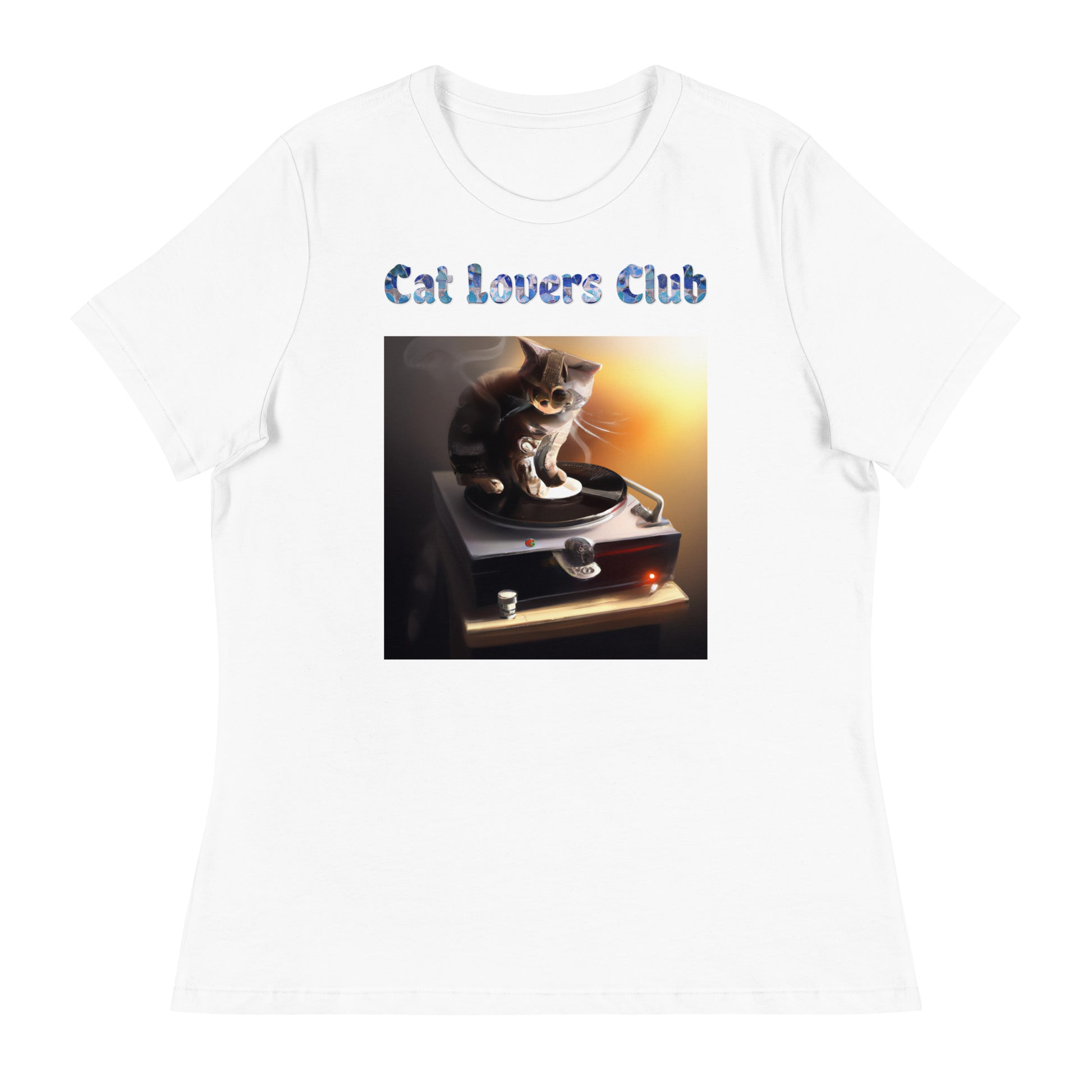 Women's White T-Shirt with Cat On a Vinyl Player with a text "Cat Lovers Club" at $25.97 found at Personalizedpetlovergifts