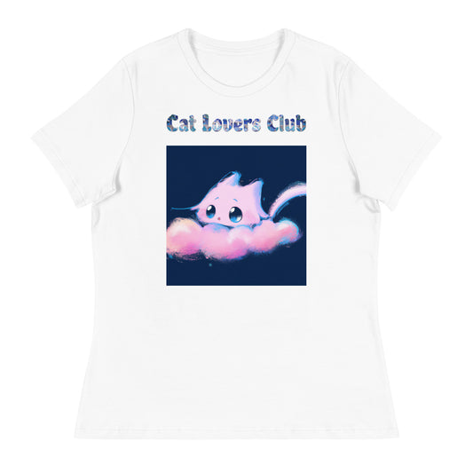 Women's White T-Shirt with Cat On a Pink Fluffy Cloud with a text "Cat Lovers Club" at $25.97 found at Personalizedpetlovergifts