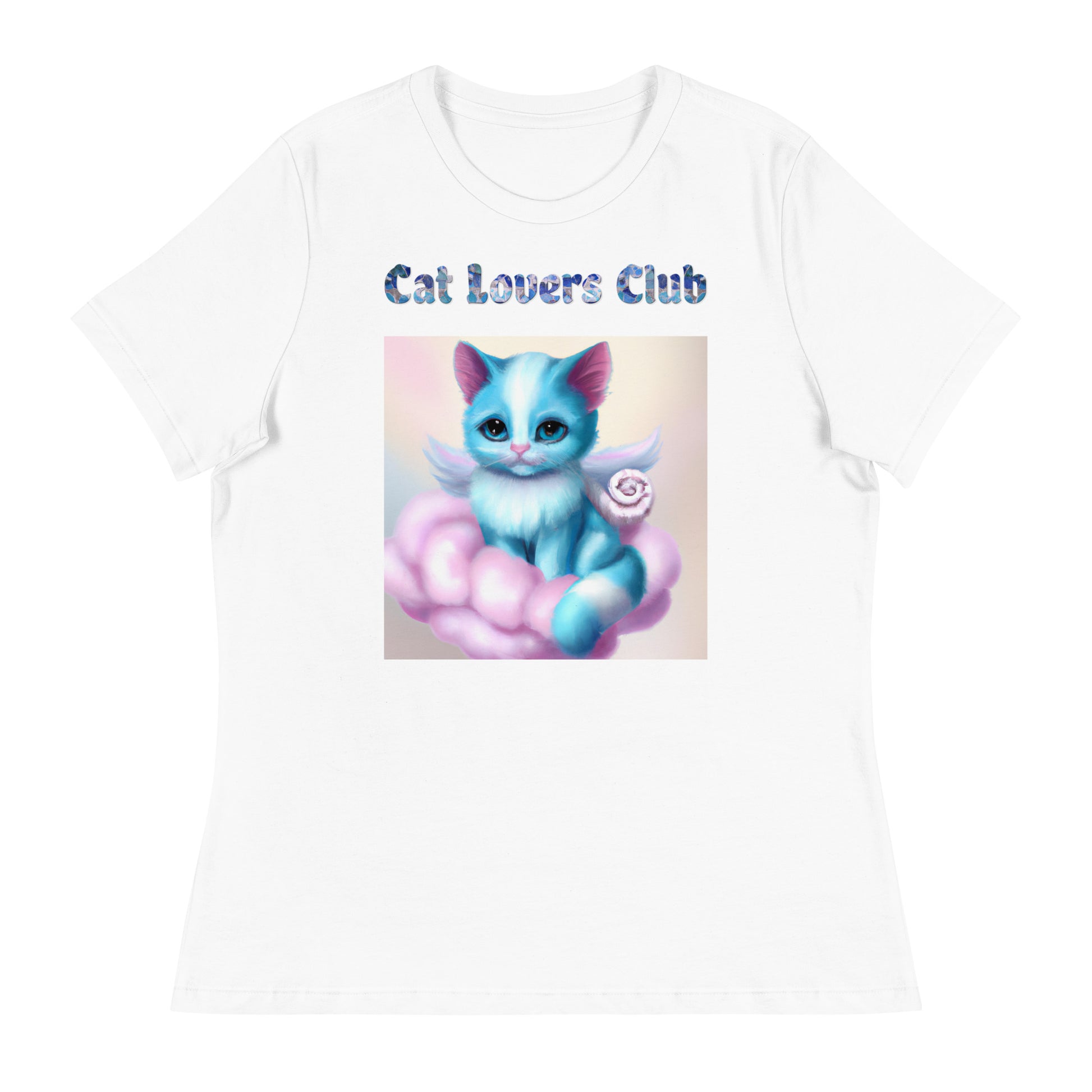 Women's White T-Shirt with Cat On a Pink Cloud with a text "Cat Lovers Club" at $25.97 found at Personalizedpetlovergifts