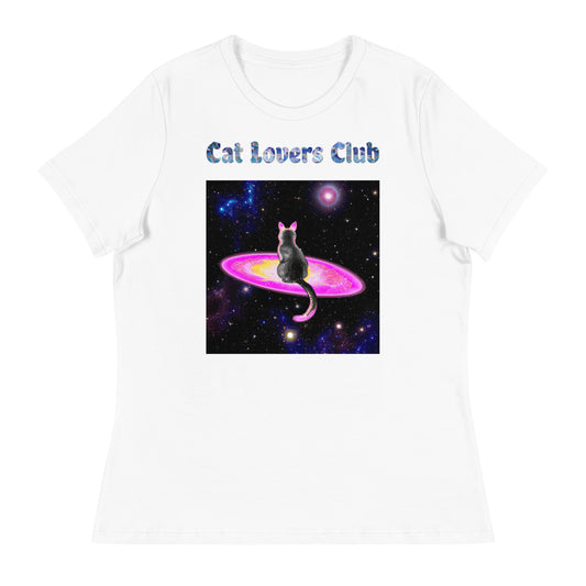 Women's White T-Shirt with Cat On a Galaxy with a text "Cat Lovers Club" at $25.97 found at Personalizedpetlovergifts