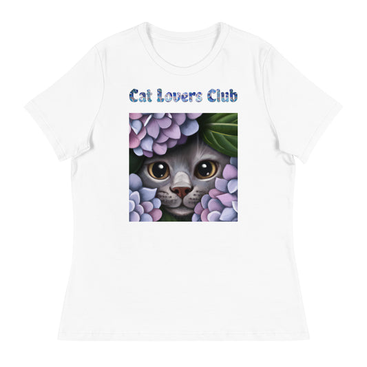 Women's White T-Shirt with Cat Looking Out Of Hydrangeas with a text "Cat Lovers Club" at $25.97 found at Personalizedpetlovergifts