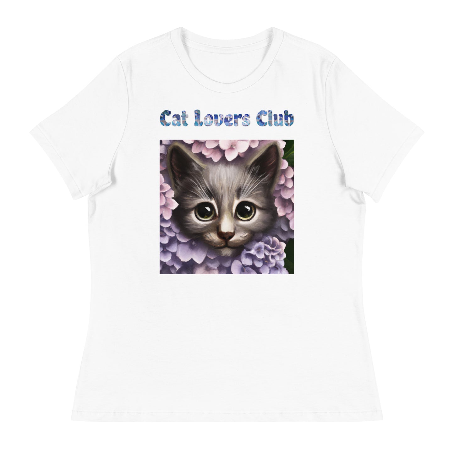 Women's White T-Shirt with Cat Looking Out Of Hydrangea Flowers with a text "Cat Lovers Club" at $25.97 found at Personalizedpetlovergifts