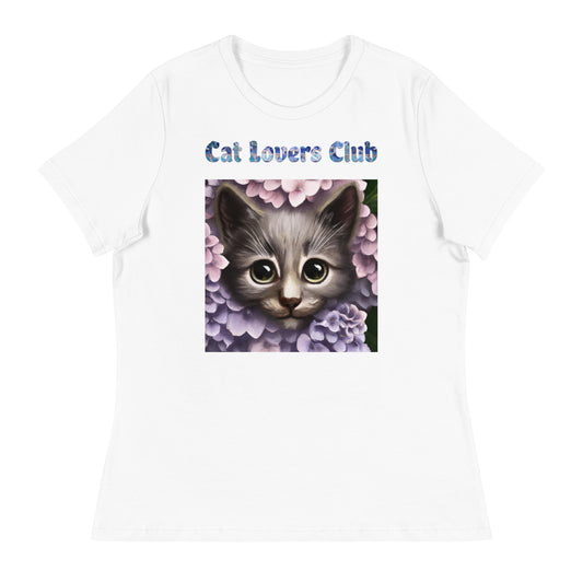 Women's White T-Shirt with Cat Looking Out Of Hydrangea Flowers with a text "Cat Lovers Club" at $25.97 found at Personalizedpetlovergifts