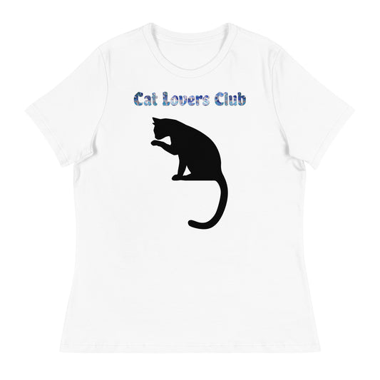 Women's White T-Shirt with Cat Licking Its Paw with a text "Cat Lovers Club" at $25.97 found at Personalizedpetlovergifts