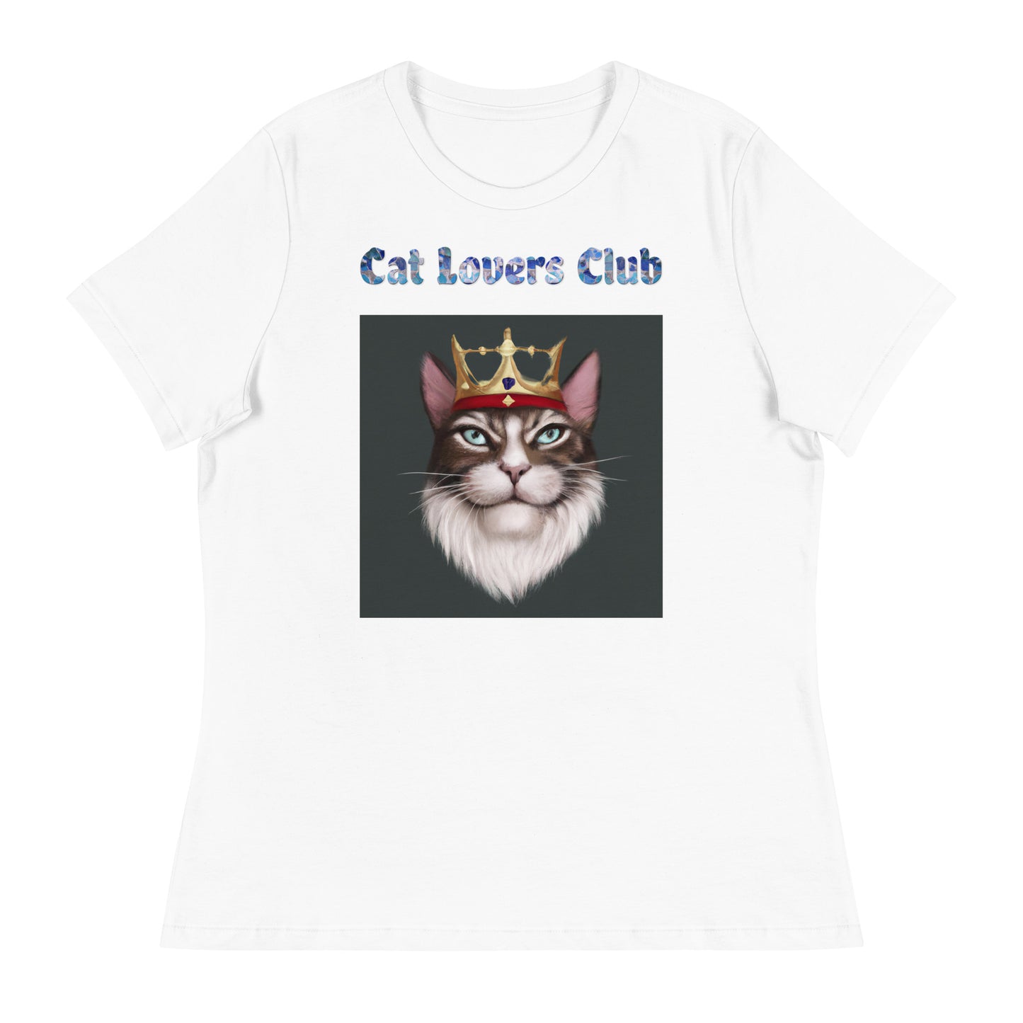 Women's White T-Shirt with Cat King with a text "Cat Lovers Club" at $25.97 found at Personalizedpetlovergifts