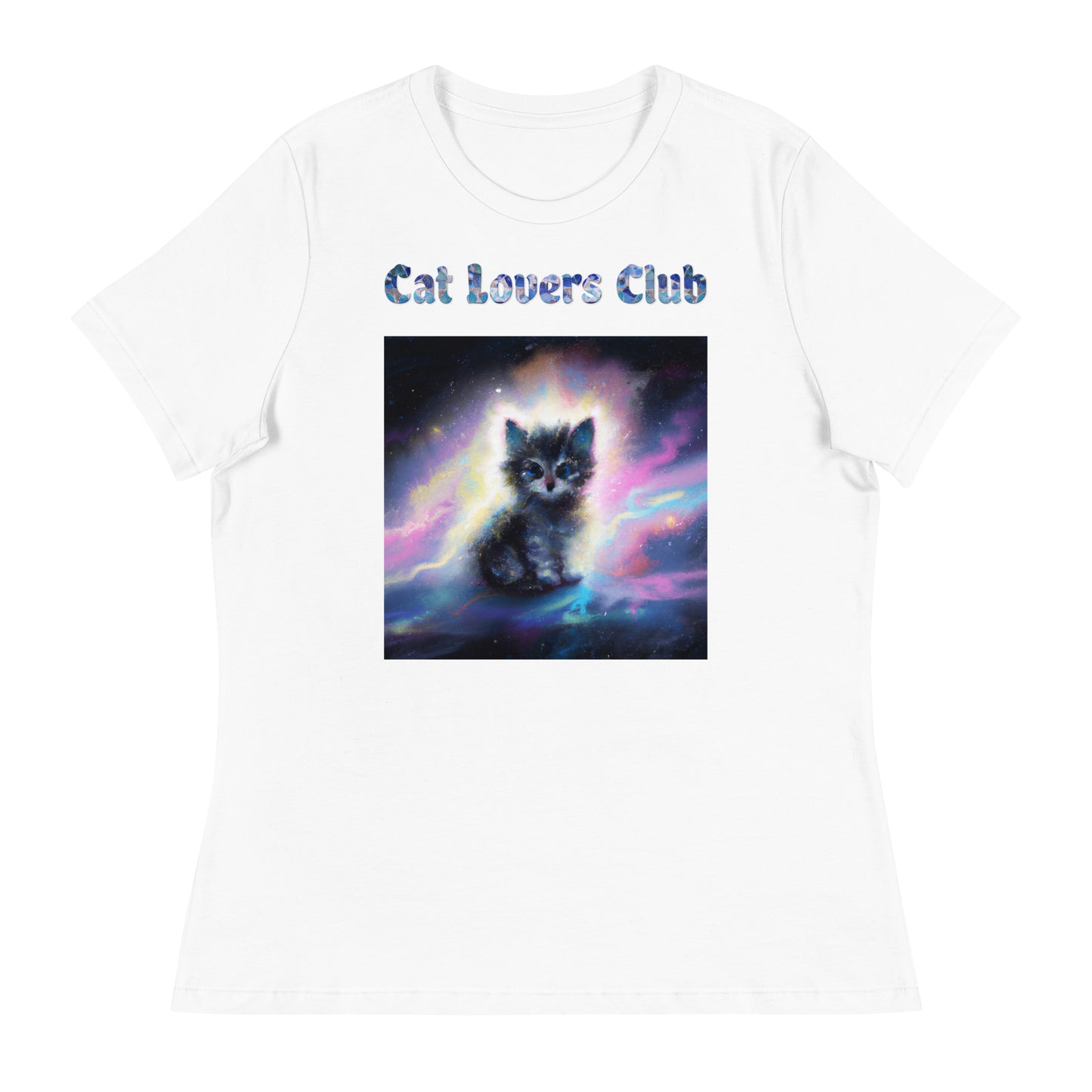 Women's White T-Shirt with Cat In The Space with a text "Cat Lovers Club" at $25.97 found at Personalizedpetlovergifts