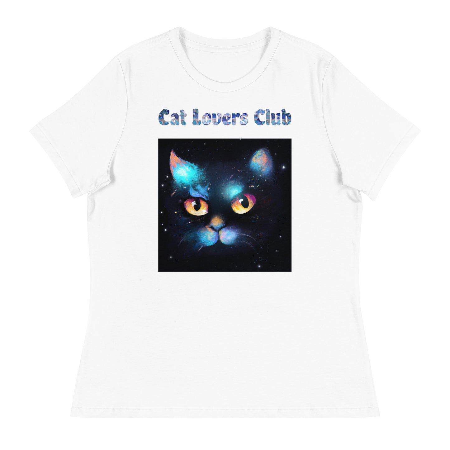 Women's White T-Shirt with Cat In Space with a text "Cat Lovers Club" at $25.97 found at Personalizedpetlovergifts