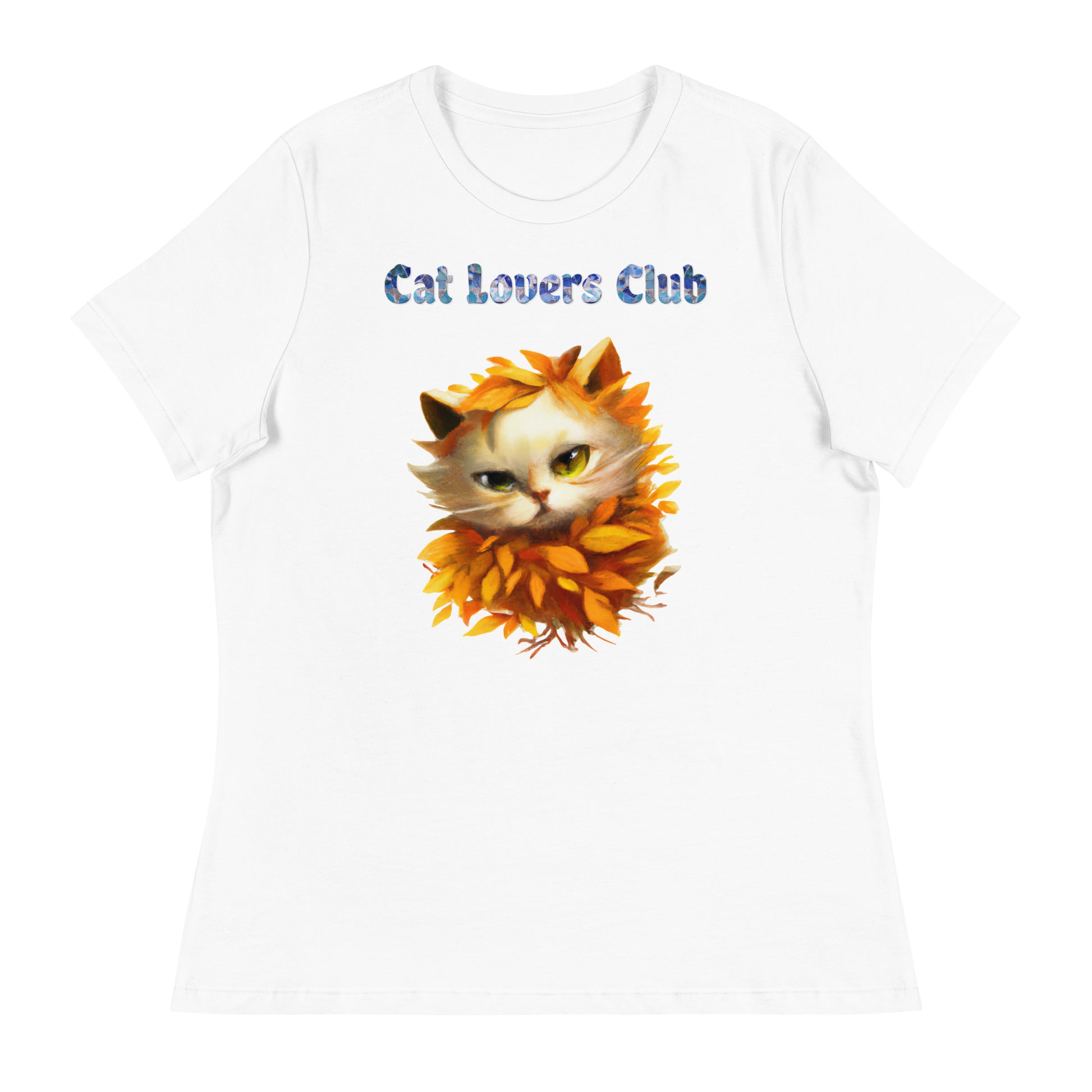 Women's White T-Shirt with Cat In Orange Autumn Leaves with a text "Cat Lovers Club" at $25.97 found at Personalizedpetlovergifts