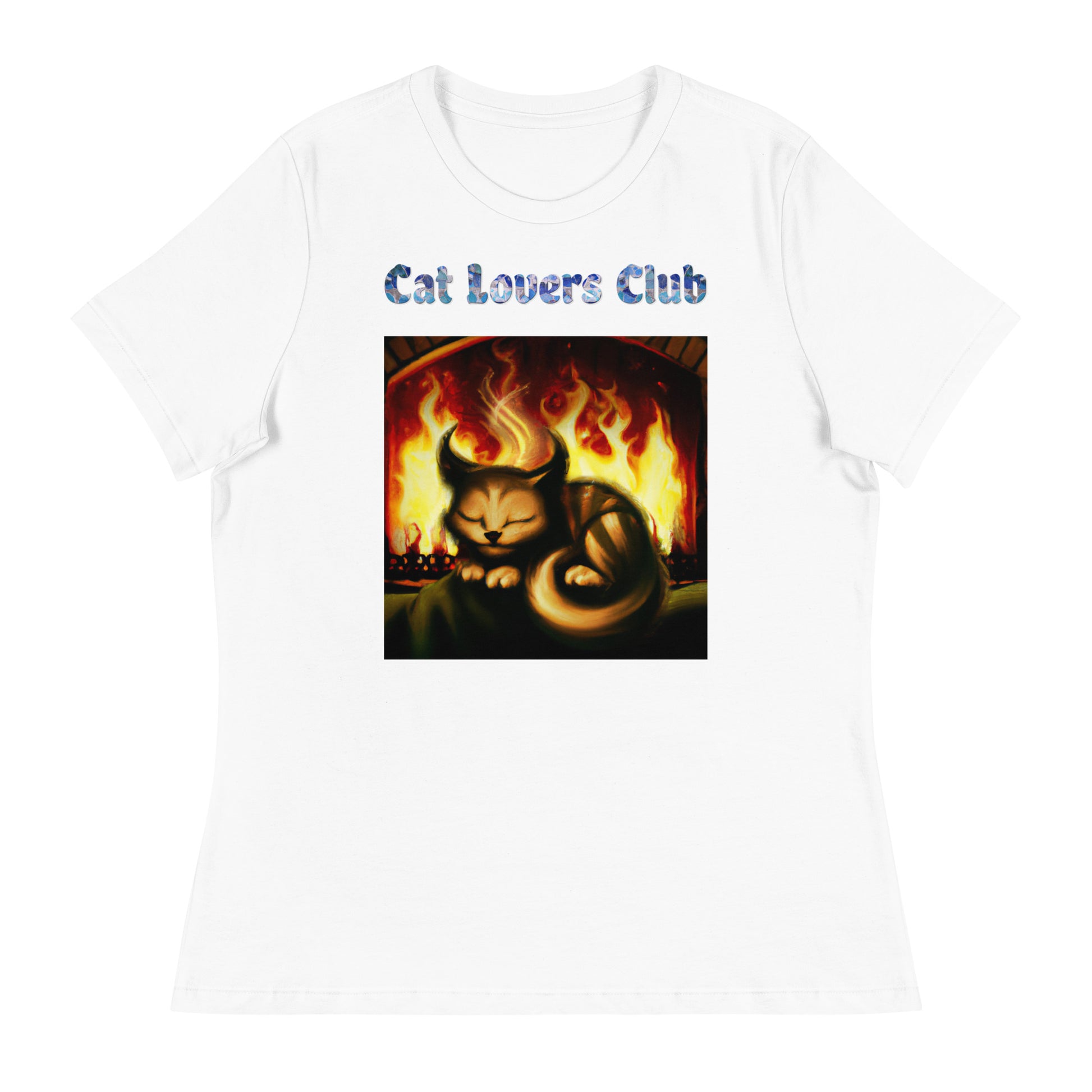 Women's White T-Shirt with Cat In Front Of a Fireplace with a text "Cat Lovers Club" at $25.97 found at Personalizedpetlovergifts