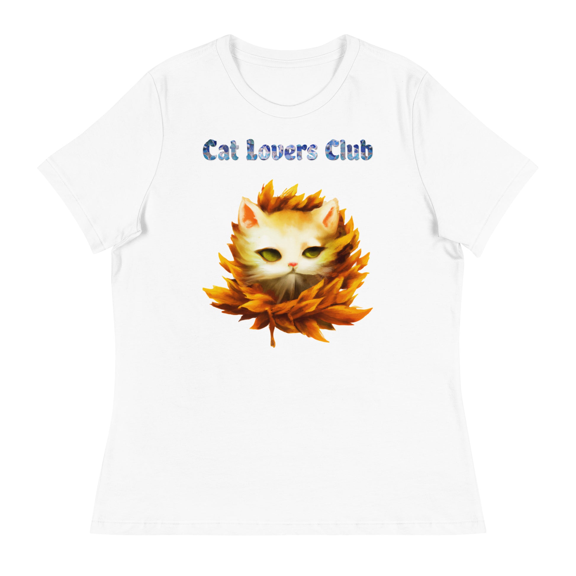 Women's White T-Shirt with Cat In Falling Leaves with a text "Cat Lovers Club" at $25.97 found at Personalizedpetlovergifts