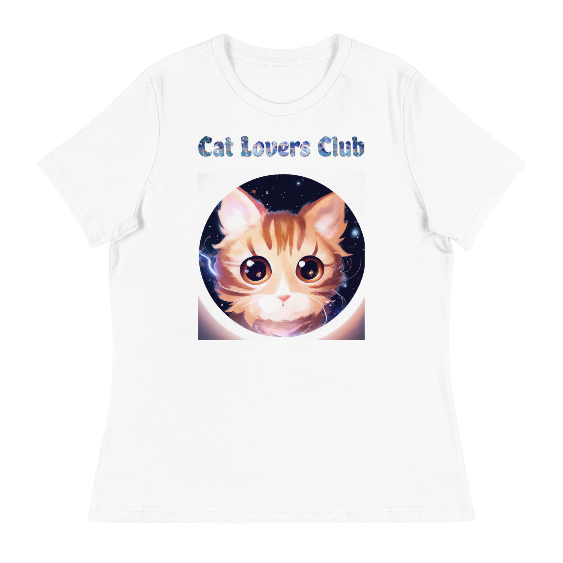 Women's White T-Shirt with Cat In a Galaxy Circle with a text "Cat Lovers Club" at $25.97 found at Personalizedpetlovergifts