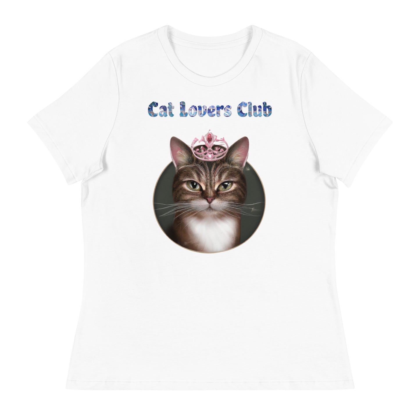 Women's White T-Shirt with Cat In a Circle With a Tiara with a text "Cat Lovers Club" at $25.97 found at Personalizedpetlovergifts