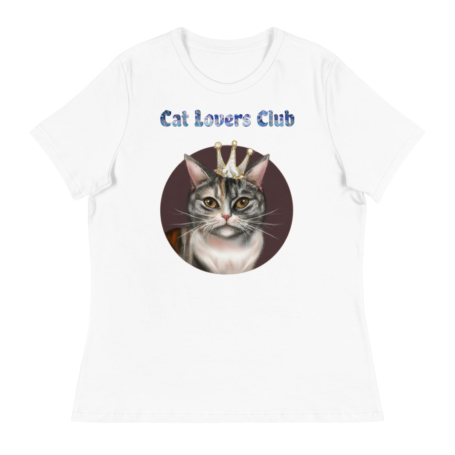 Women's White T-Shirt with Cat In a Circle With a Crown with a text "Cat Lovers Club" at $25.97 found at Personalizedpetlovergifts