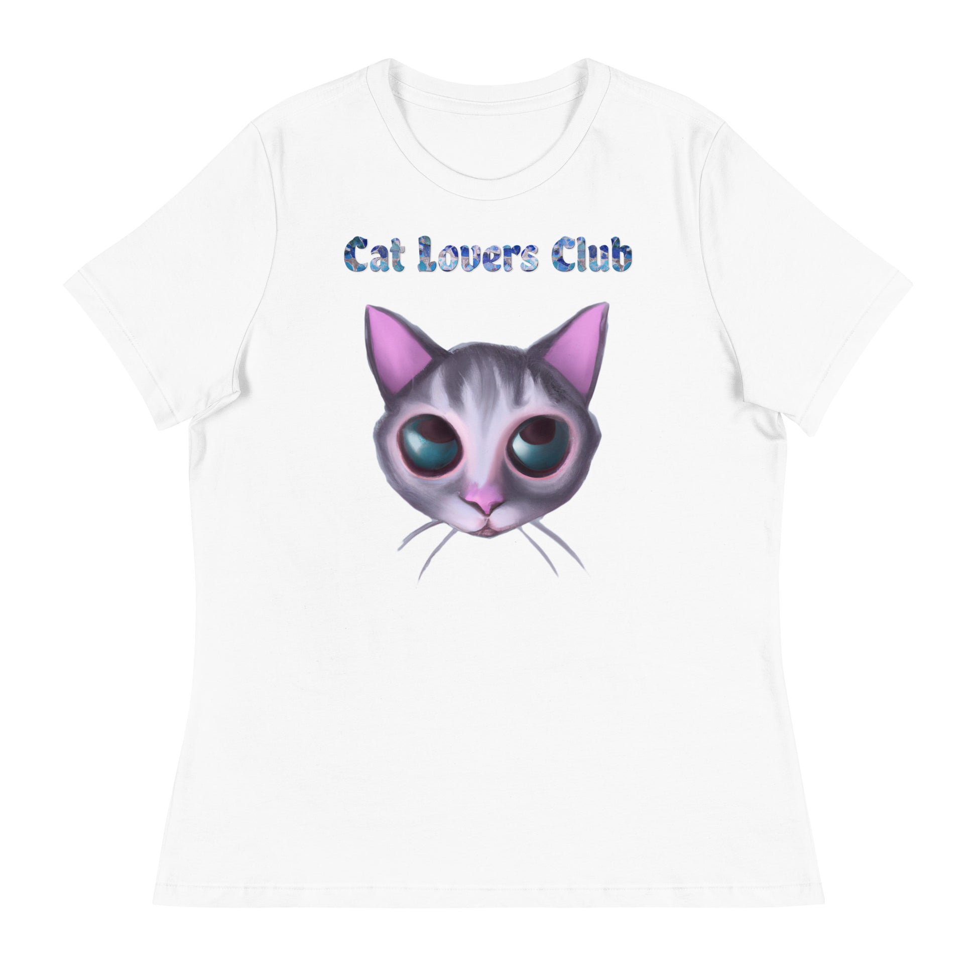 Women's White T-Shirt with Cat Face with a text "Cat Lovers Club" at $25.97 found at Personalizedpetlovergifts