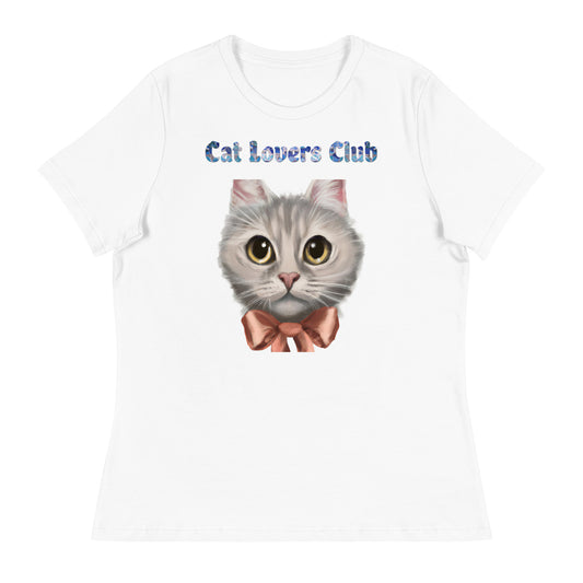 Women's White T-Shirt with Cat Face With Orange Bow with a text "Cat Lovers Club" at $25.97 found at Personalizedpetlovergifts