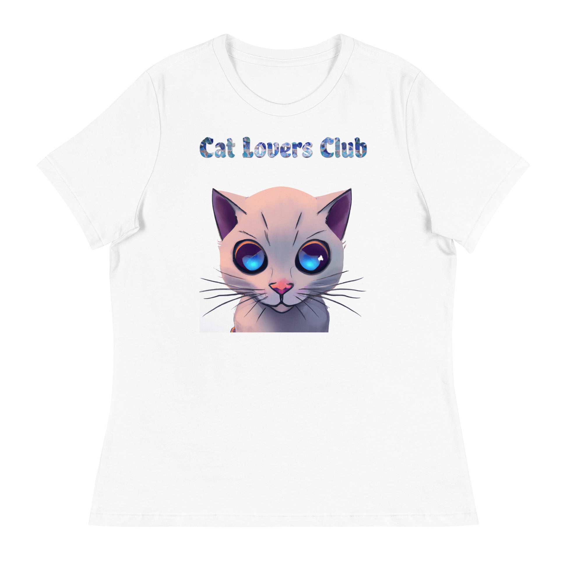 Women's White T-Shirt with Cat Face With Blue Eyes with a text "Cat Lovers Club" at $25.97 found at Personalizedpetlovergifts