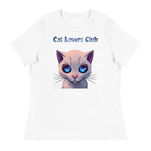 Women's White T-Shirt with Cat Face With Blue Eyes with a text "Cat Lovers Club" at $25.97 found at Personalizedpetlovergifts