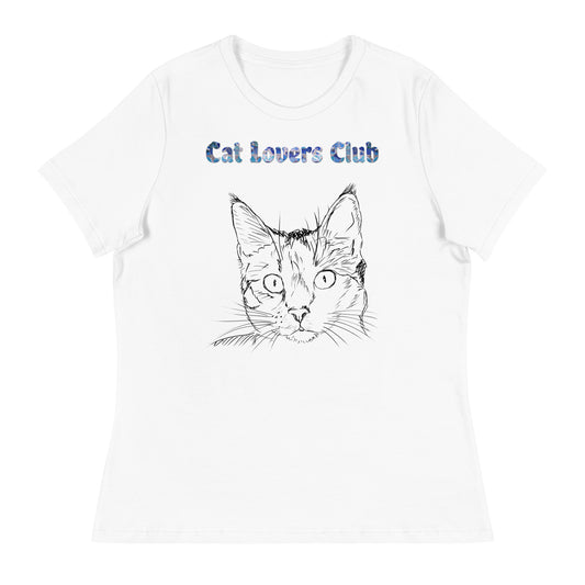 Women's White T-Shirt with Cat Face Line Art with a text "Cat Lovers Club" at $25.97 found at Personalizedpetlovergifts