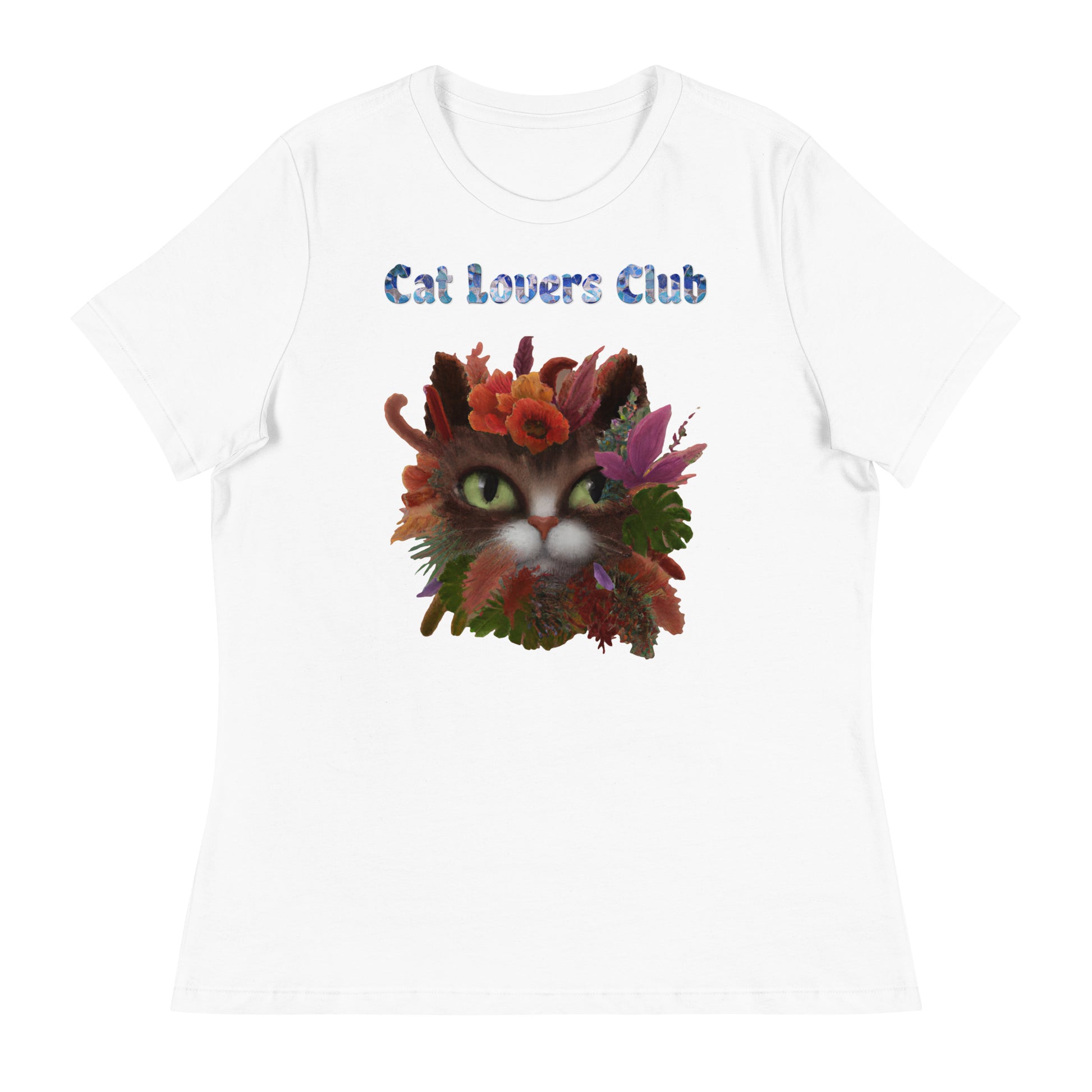 Women's White T-Shirt with Cat Face Covered In Flowers with a text "Cat Lovers Club" at $25.97 found at Personalizedpetlovergifts