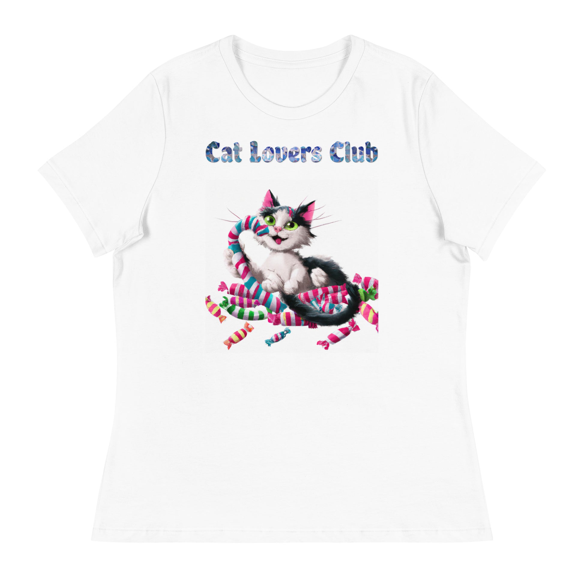 Women's White T-Shirt with Cat Eating Candies with a text "Cat Lovers Club" at $25.97 found at Personalizedpetlovergifts