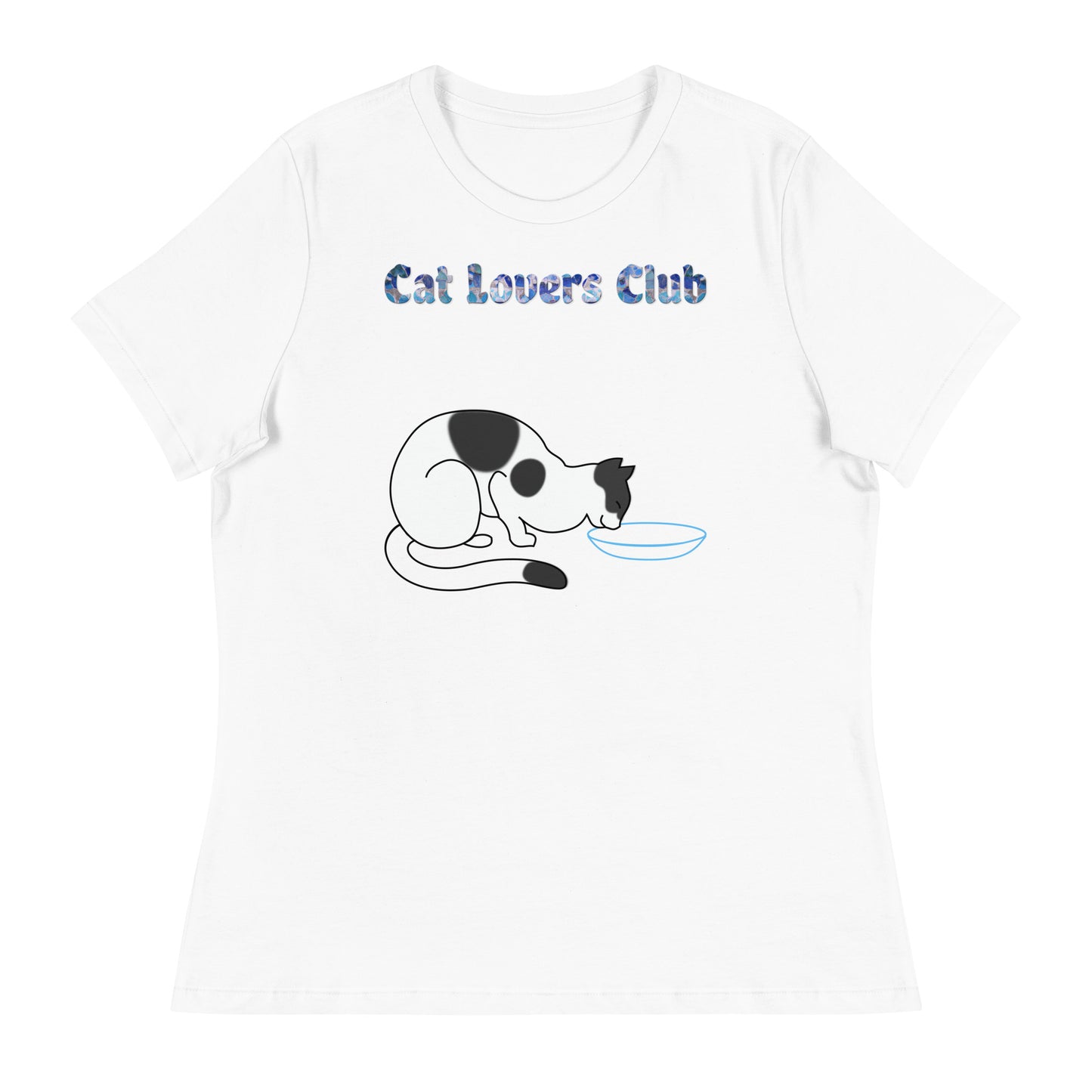 Women's White T-Shirt with Cat Drinking Milk with a text "Cat Lovers Club" at $25.97 found at Personalizedpetlovergifts