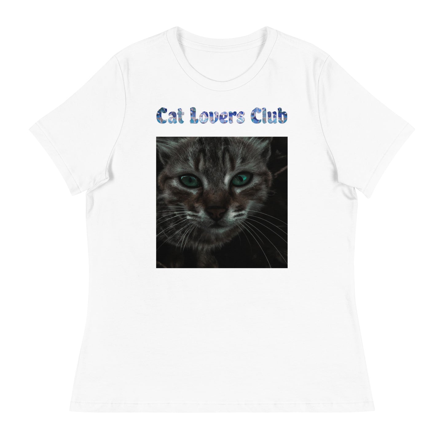 Women's White T-Shirt with Cat Closeup with a text "Cat Lovers Club" at $25.97 found at Personalizedpetlovergifts