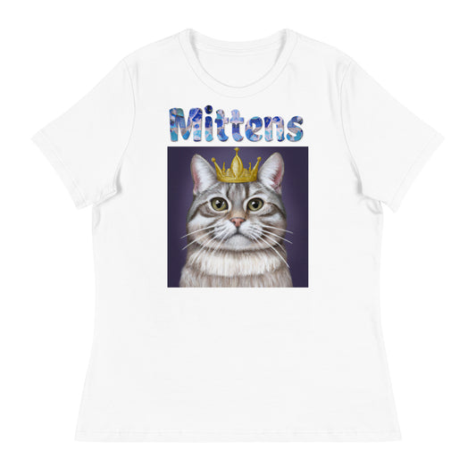 Women's White T-Shirt with Cat With a Crown with a text "Mittens" at $25.97 found at Personalizedpetlovergifts