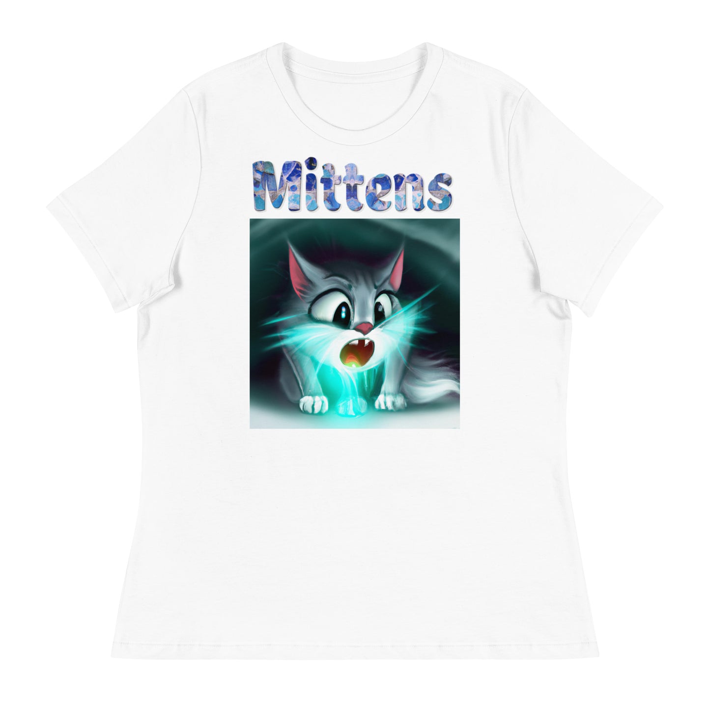 Women's White T-Shirt with Cat With a Blue Light with a text "Mittens" at $25.97 found at Personalizedpetlovergifts