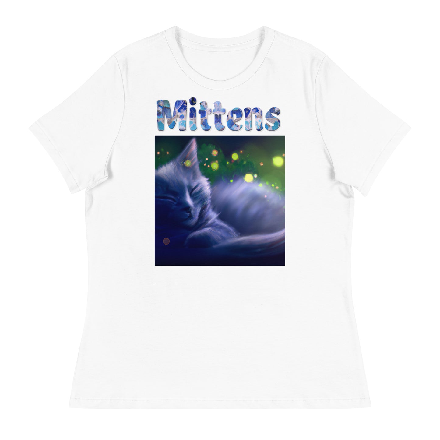 Women's White T-Shirt with Cat Sleeping with a text "Mittens" at $25.97 found at Personalizedpetlovergifts