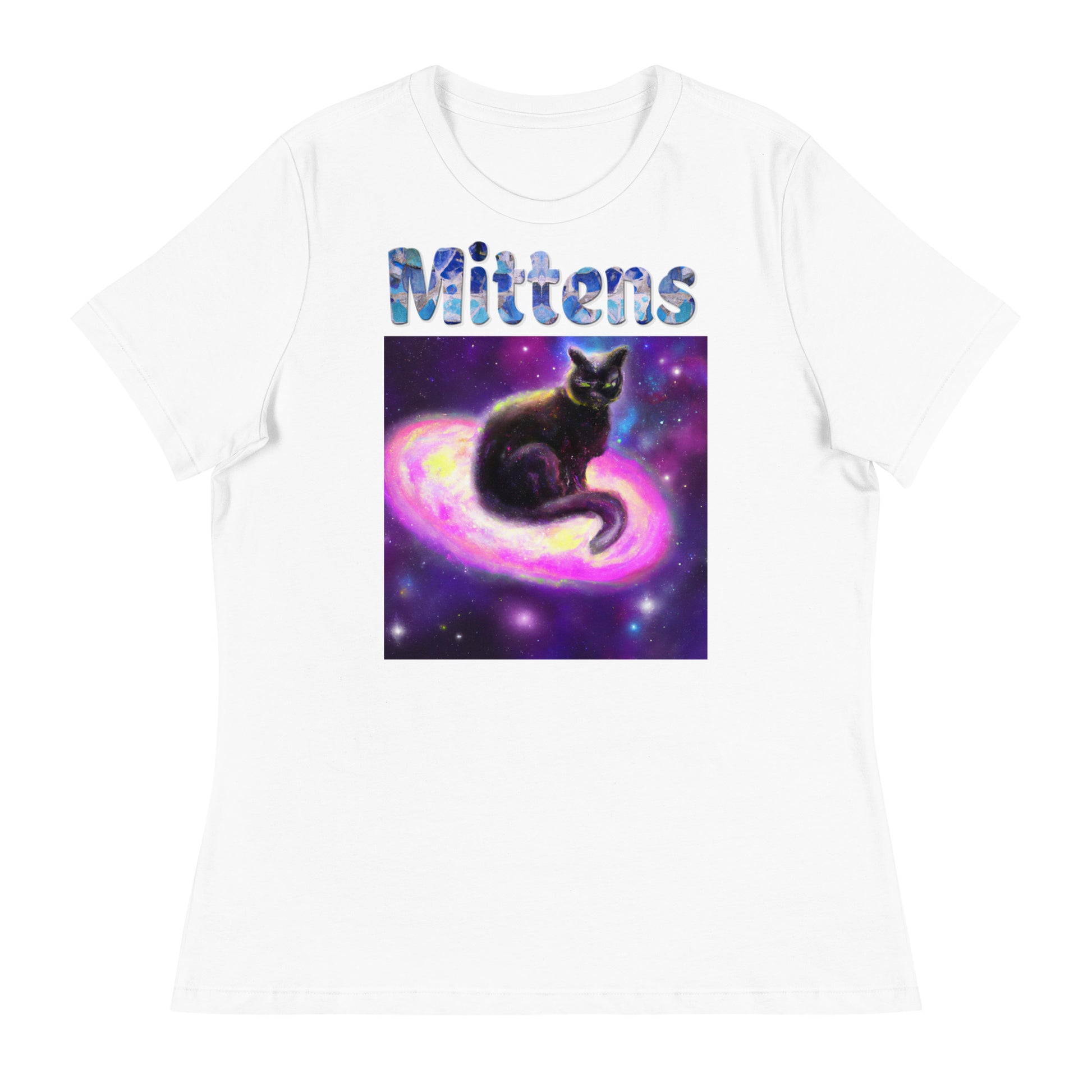 Women's White T-Shirt with Cat Sitting On A Galaxy with a text "Mittens" at $25.97 found at Personalizedpetlovergifts