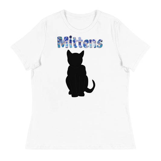 Women's White T-Shirt with Cat Silhouette with a text "Mittens" at $25.97 found at Personalizedpetlovergifts