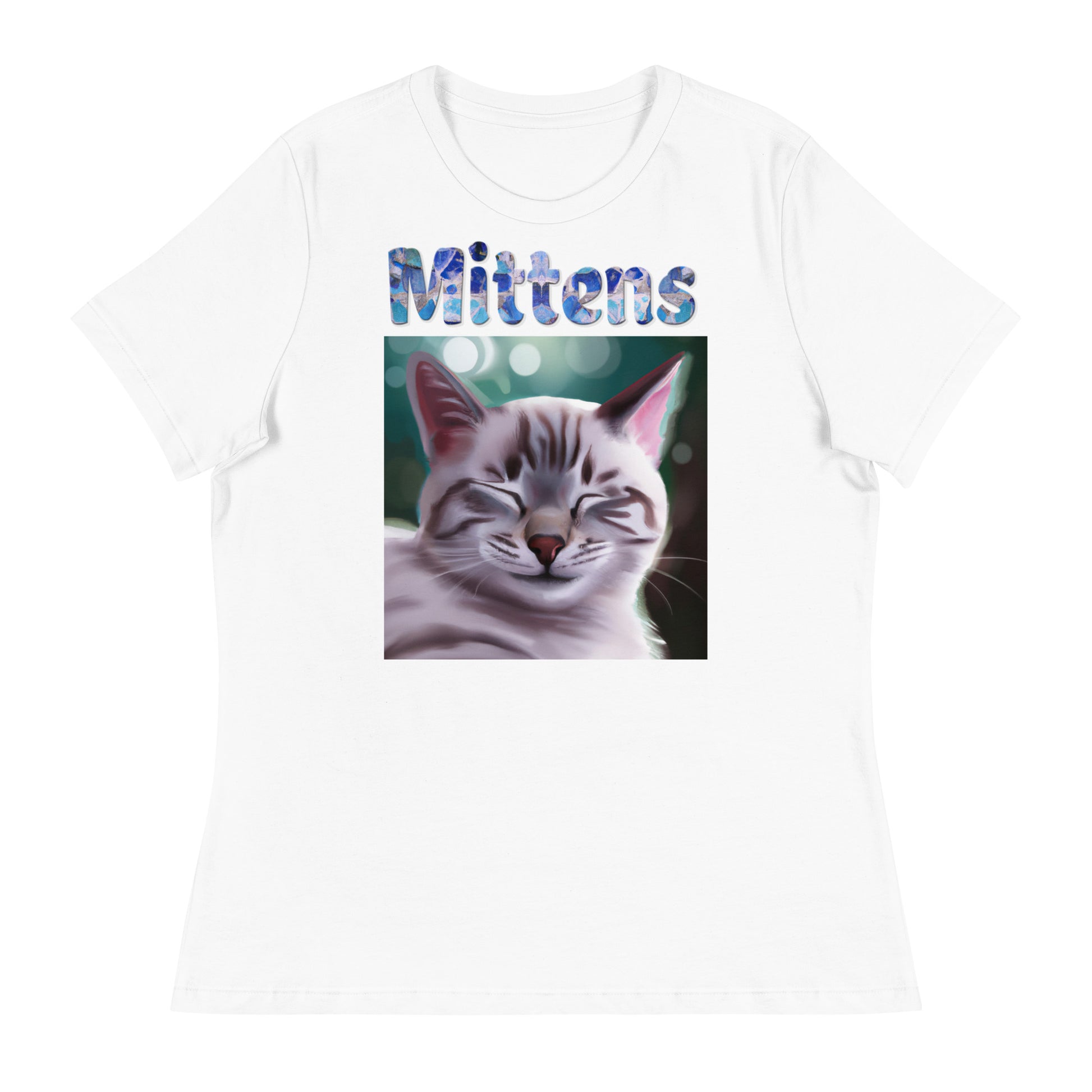 Women's White T-Shirt with Cat Purring with a text "Mittens" at $25.97 found at Personalizedpetlovergifts