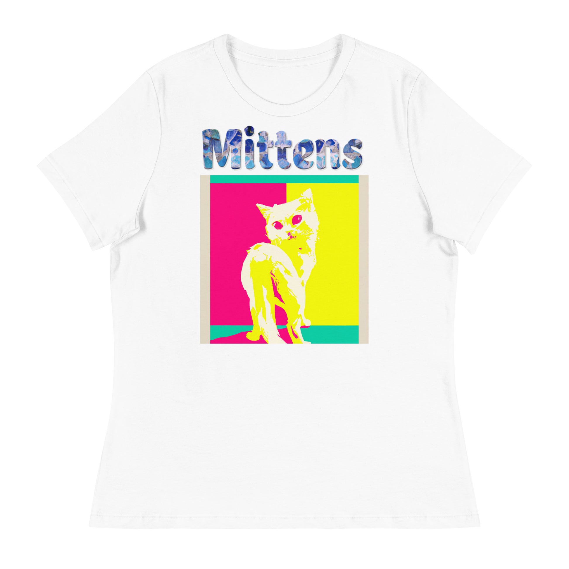 Women's White T-Shirt with Cat Poster Art with a text "Mittens" at $25.97 found at Personalizedpetlovergifts