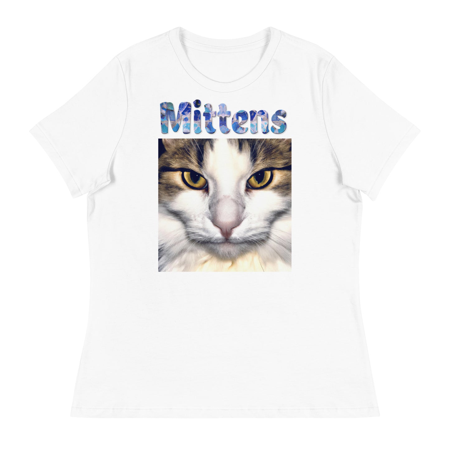 Women's White T-Shirt with Cat Portrait with a text "Mittens" at $25.97 found at Personalizedpetlovergifts