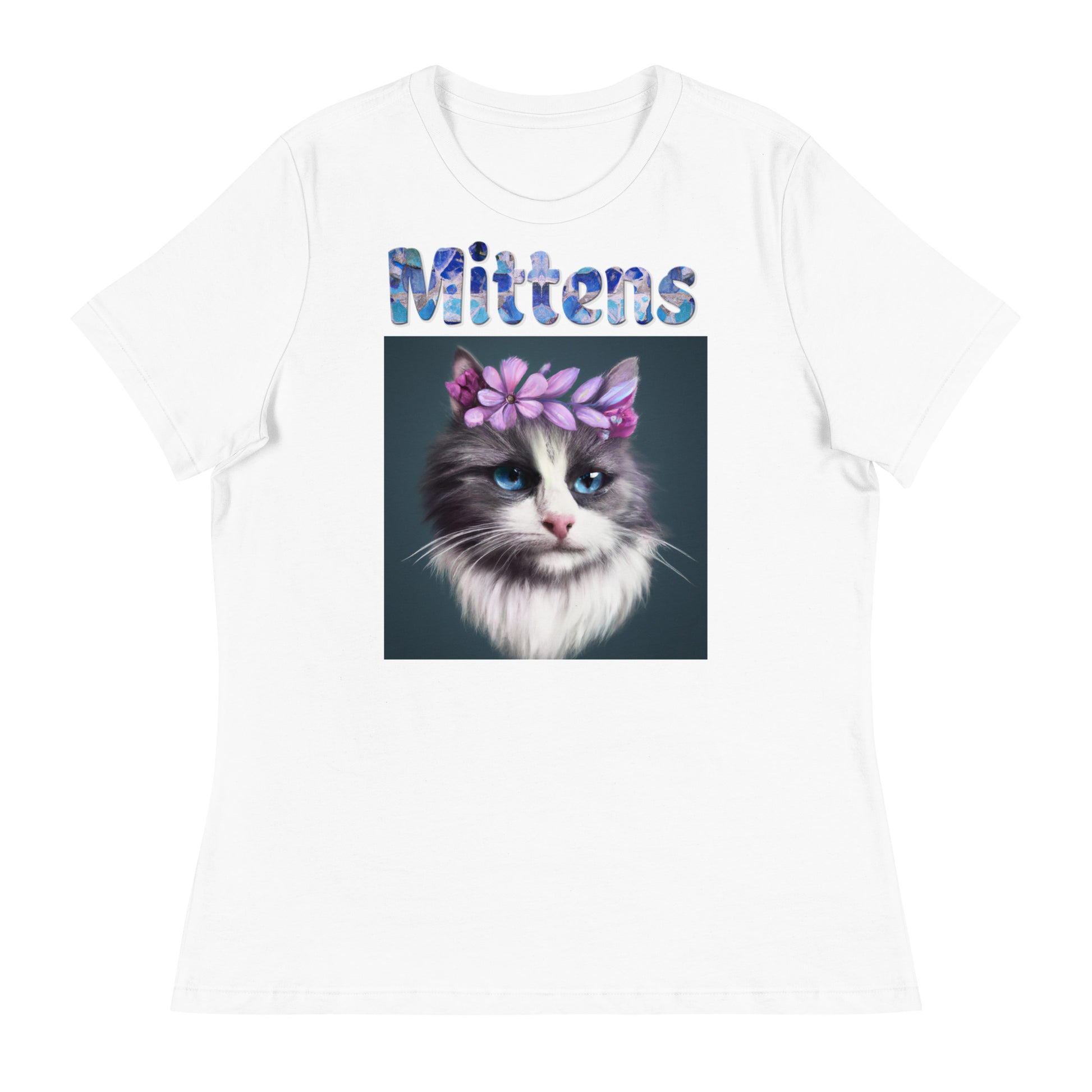 Women's White T-Shirt with Cat Portrait With Purple Flowers with a text "Mittens" at $25.97 found at Personalizedpetlovergifts