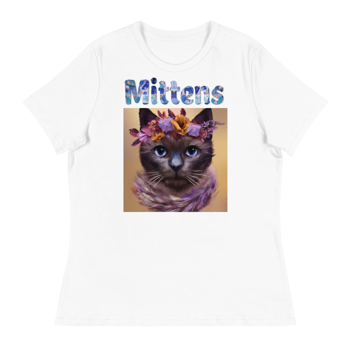 Women's White T-Shirt with Cat Portrait With Flowers And Blue Eyes with a text "Mittens" at $25.97 found at Personalizedpetlovergifts