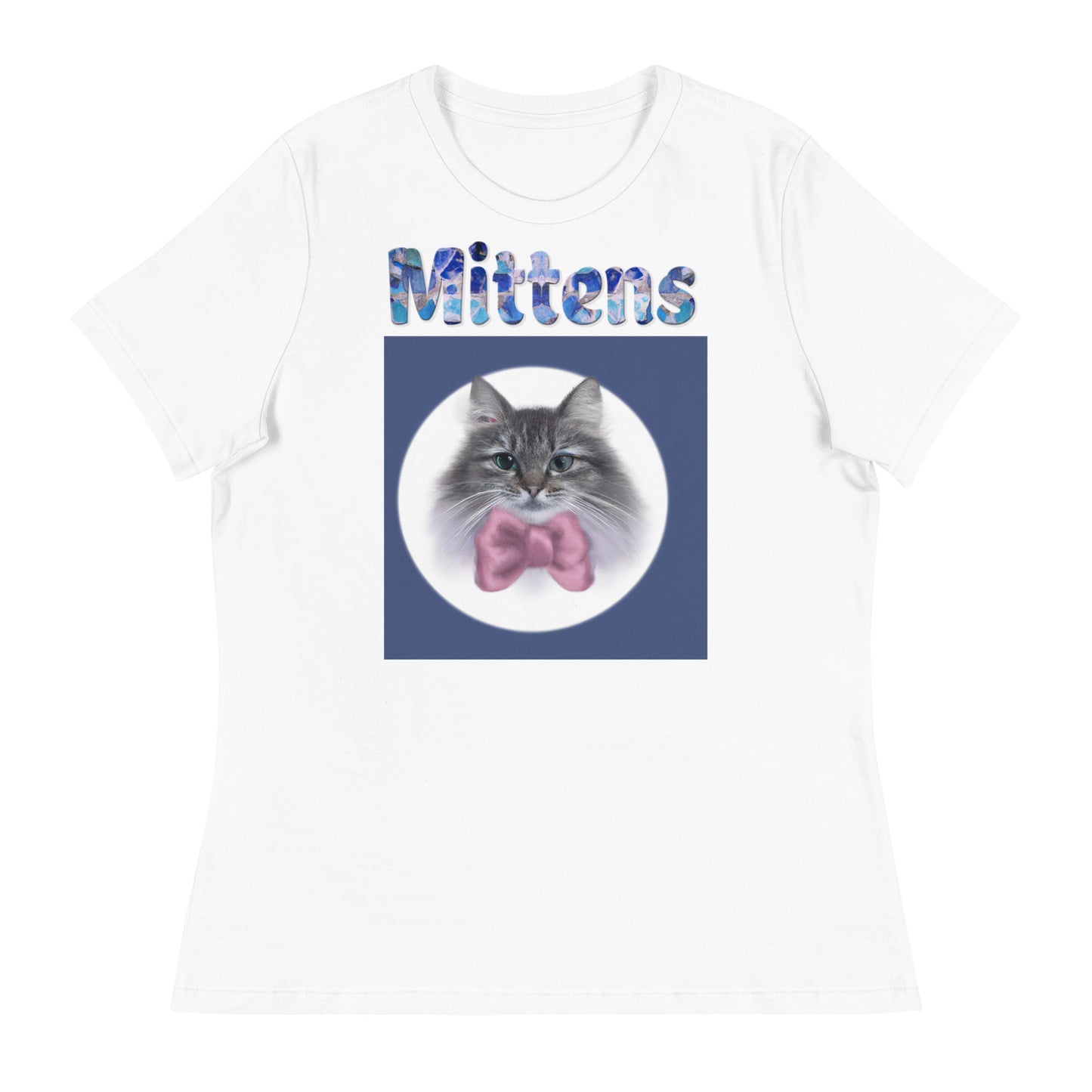 Women's White T-Shirt with Cat Portrait With a Pink Bow with a text "Mittens" at $25.97 found at Personalizedpetlovergifts